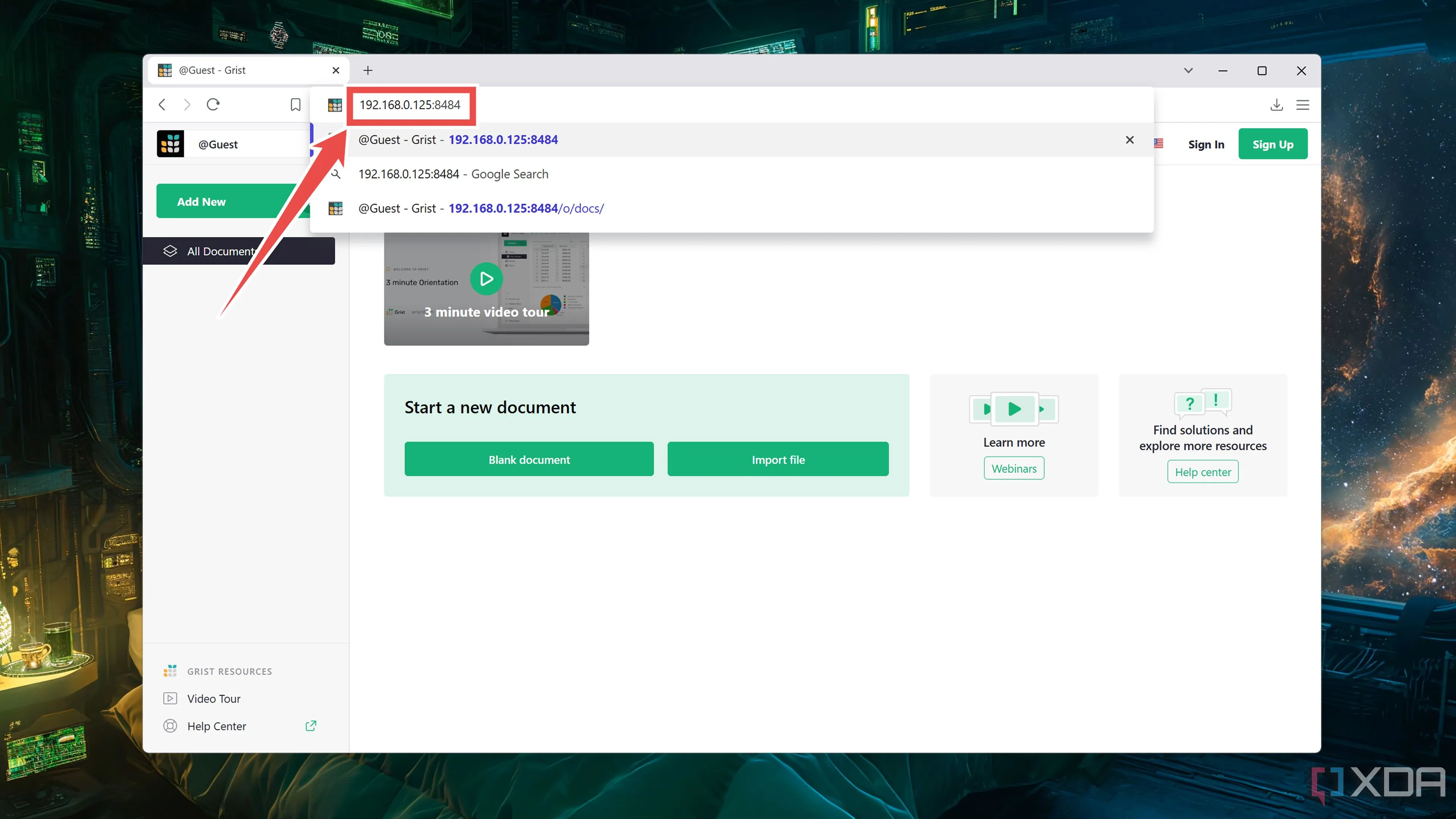 Giao diện web Grist có thể truy cập bằng địa chỉ IP của máy chủ