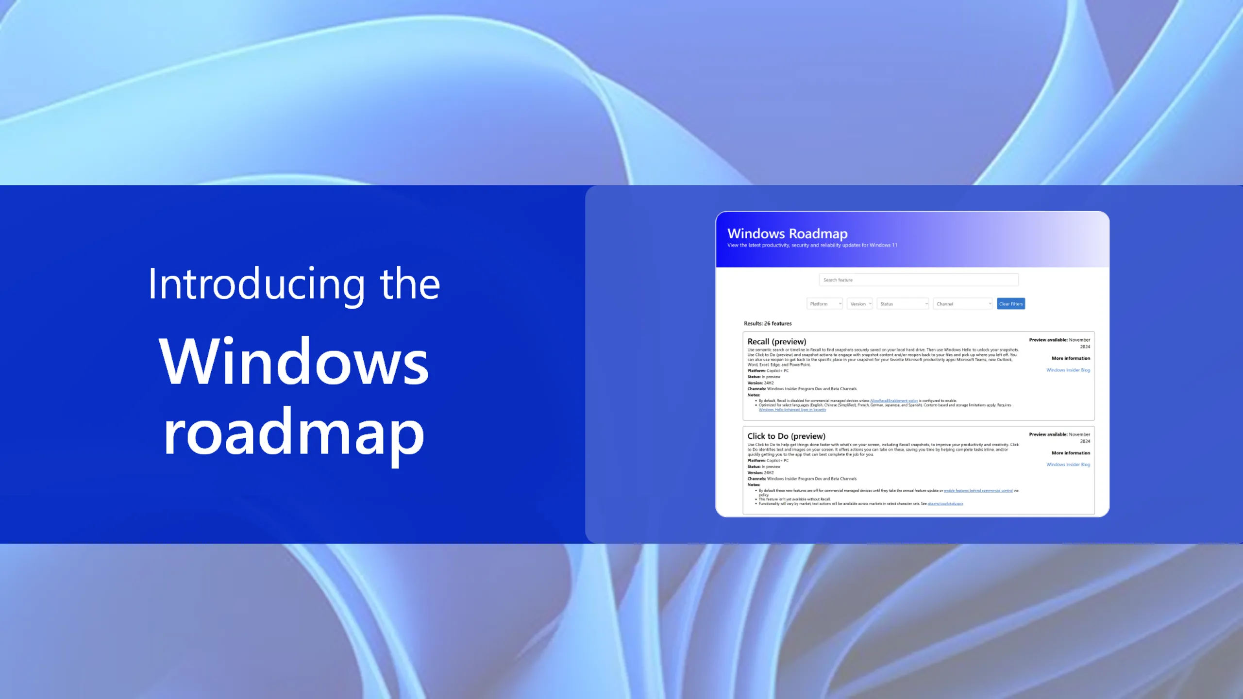 Giao diện website Windows Roadmap của Microsoft hiển thị các tính năng sắp ra mắt của Windows 11