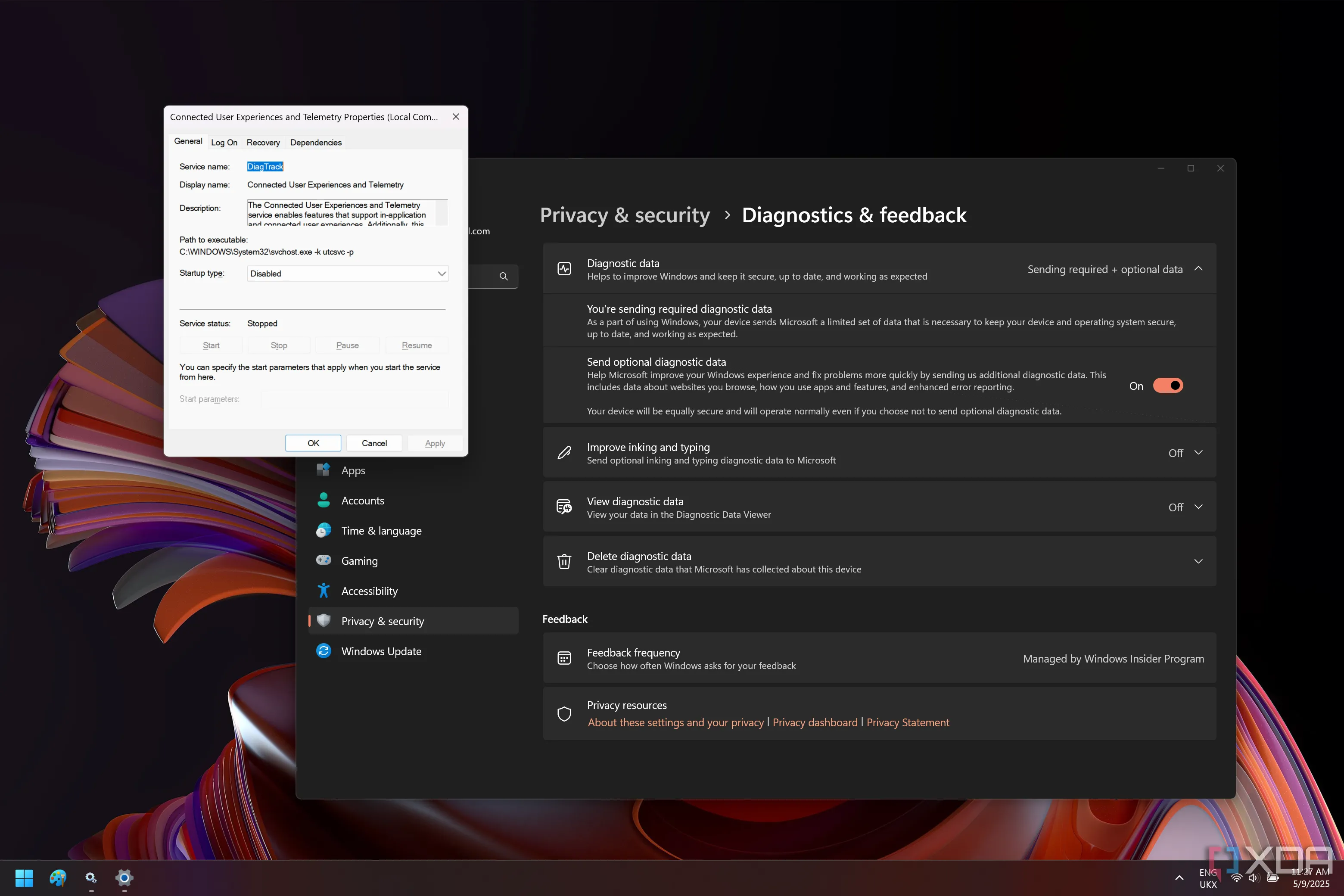 Giao diện Windows 11 cho thấy dịch vụ Connected User Experiences and Telemetry đã bị vô hiệu hóa bên cạnh trang Diagnostics and feedback trong Cài đặt