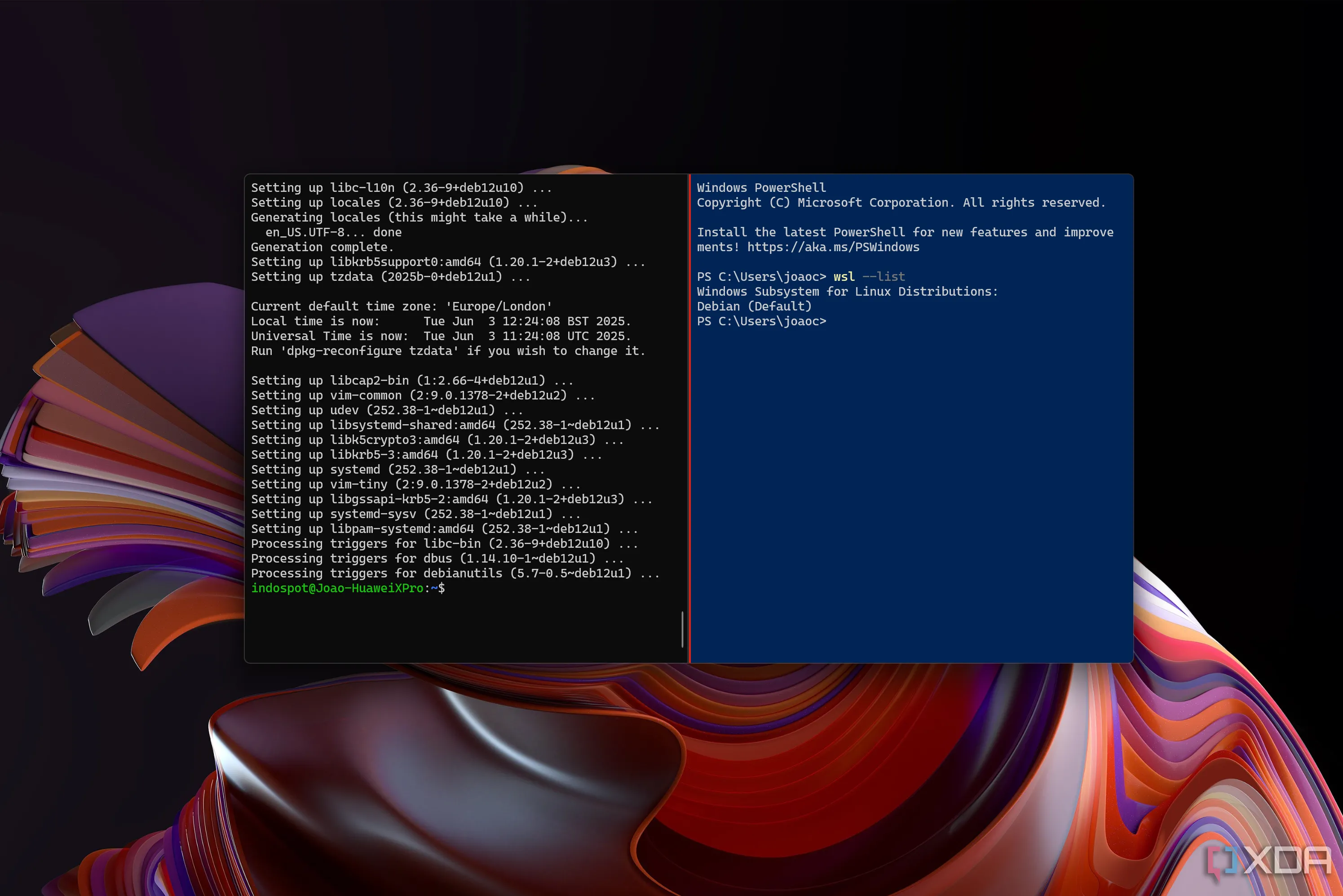Giao diện Windows Terminal với tính năng chia ngăn Split Panes, hiển thị cùng lúc profile Debian WSL và Windows PowerShell