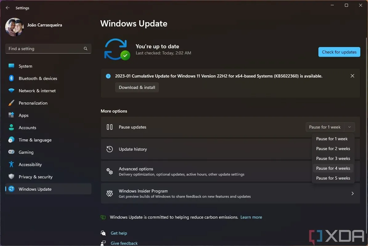 Giao diện Windows Update hiển thị tùy chọn tạm dừng cập nhật theo thời gian, thể hiện sự hạn chế trong kiểm soát của người dùng.