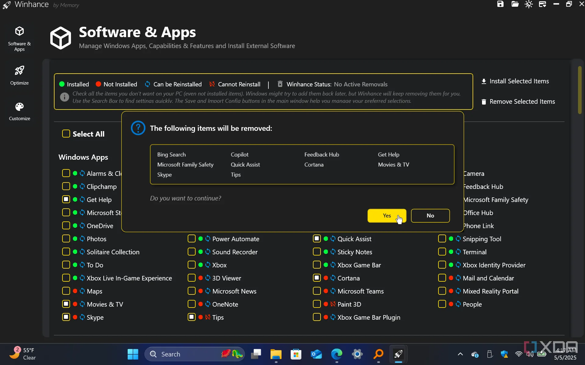 Giao diện Winhance hiển thị tùy chọn gỡ bỏ các tính năng Windows không cần thiết