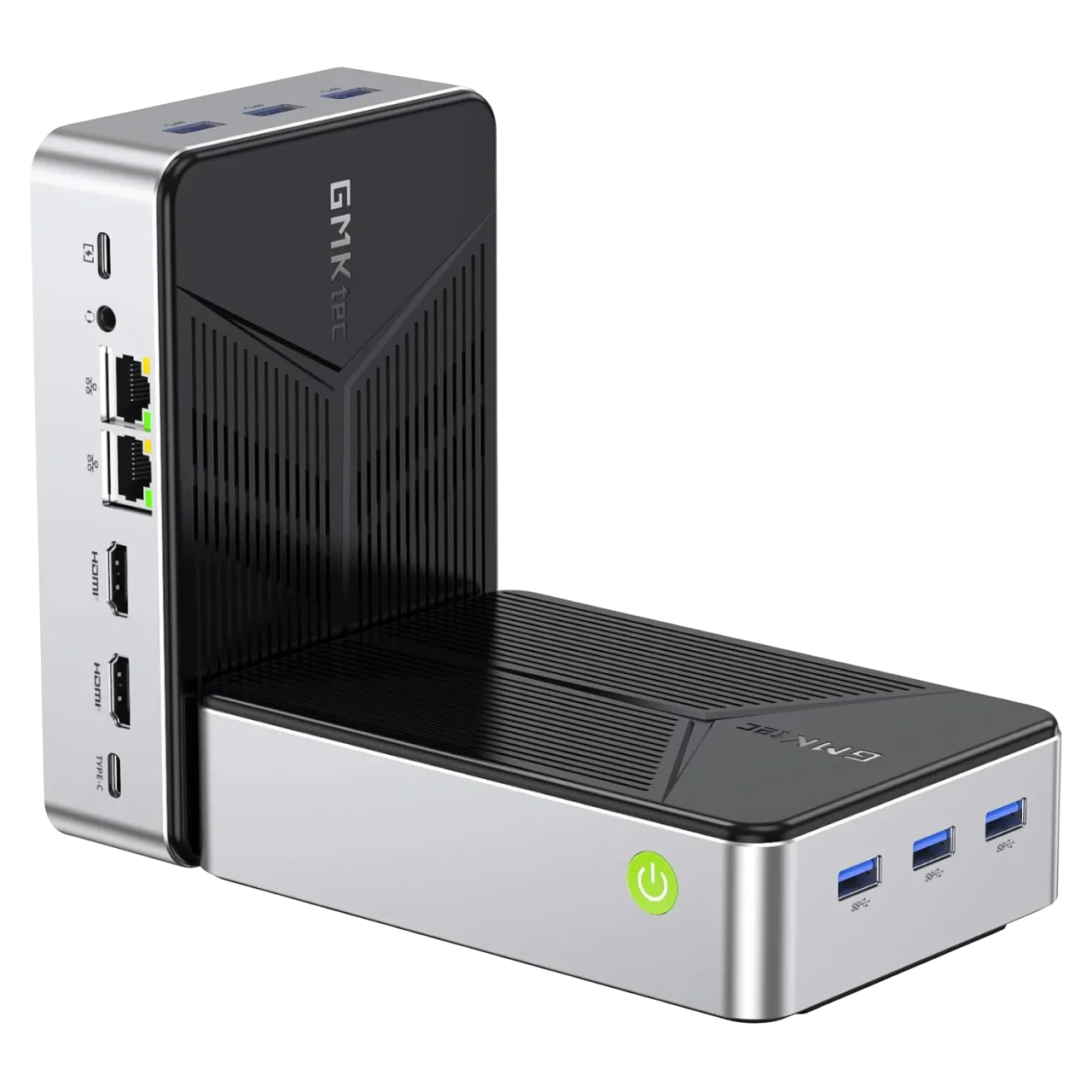 GMKtec Mini PC đặt trên bàn làm việc hiện đại, minh họa cho thiết bị máy tính nhỏ gọn và hiệu suất cao.