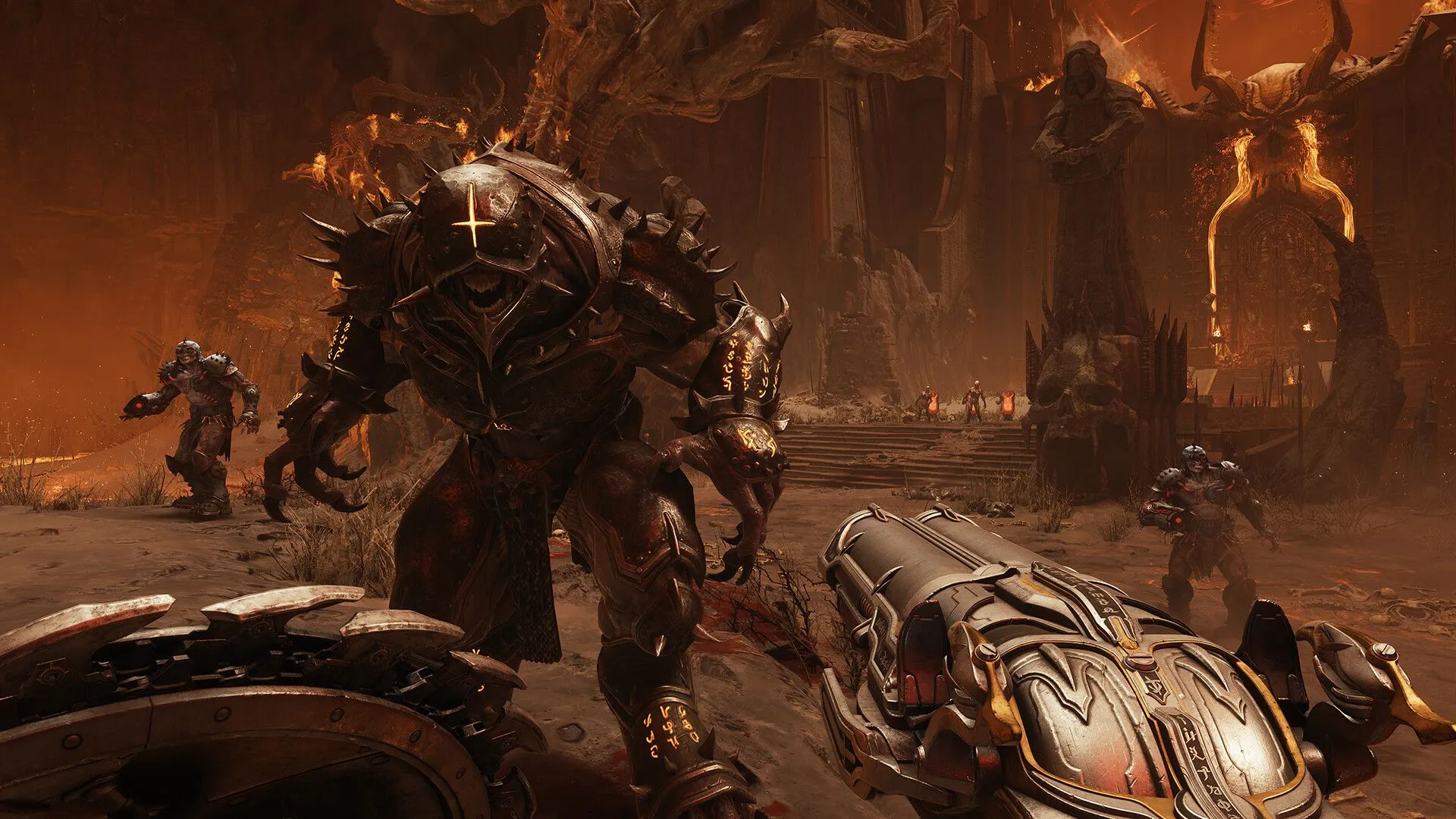 Góc nhìn thứ nhất trong Doom: The Dark Ages, Doom Slayer chiến đấu chống lại quỷ dữ bằng khiên cưa