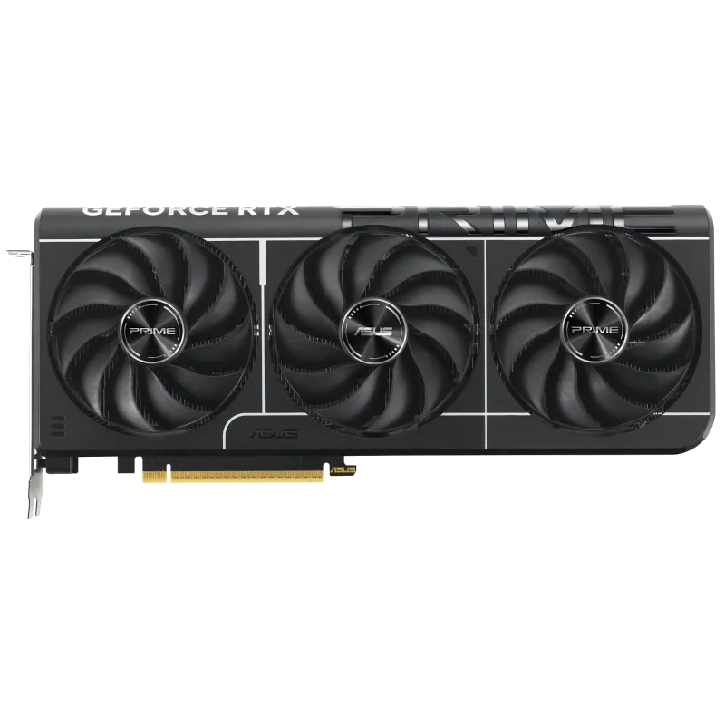 Góc nhìn trực diện card ASUS Prime RTX 5080 OC, tập trung vào thiết kế tản nhiệt và quạt.