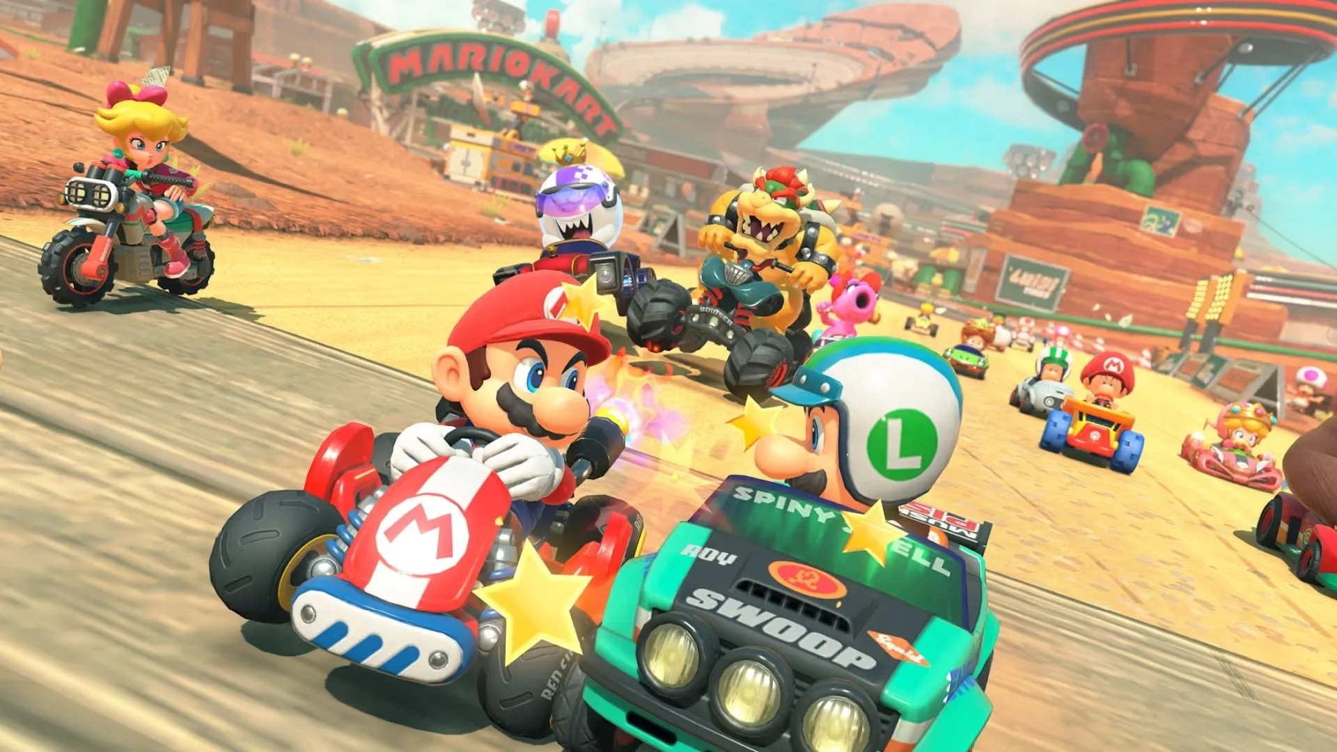 Góc nhìn từ trên cao về đường đua trong Mario Kart World