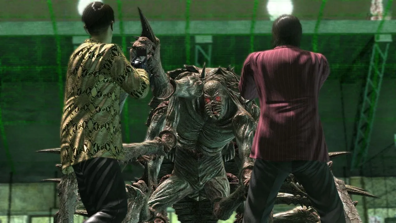 Goro Majima chiến đấu chống lại zombie trong Yakuza Dead Souls, thể hiện lối chơi bắn súng góc nhìn thứ ba.