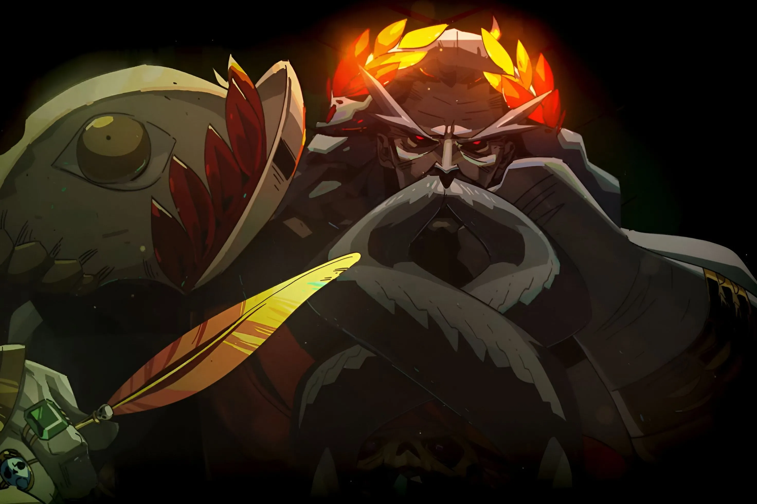 Hades, vị thần cai quản Địa ngục và là trùm cuối trong game Hades, xuất hiện trong hình ảnh 2D, tay cầm bút lông vàng, đầy quyền uy.