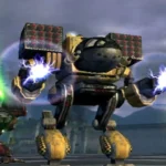 Hai cỗ máy chiến đấu mech hạng nặng đang khai hỏa dữ dội trong game MechAssault trên Xbox nguyên bản.