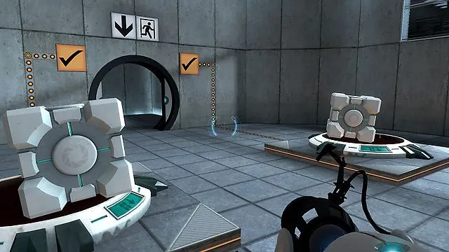 Hai khối hộp được đặt lên nút nhấn áp lực để mở cửa trong game Portal
