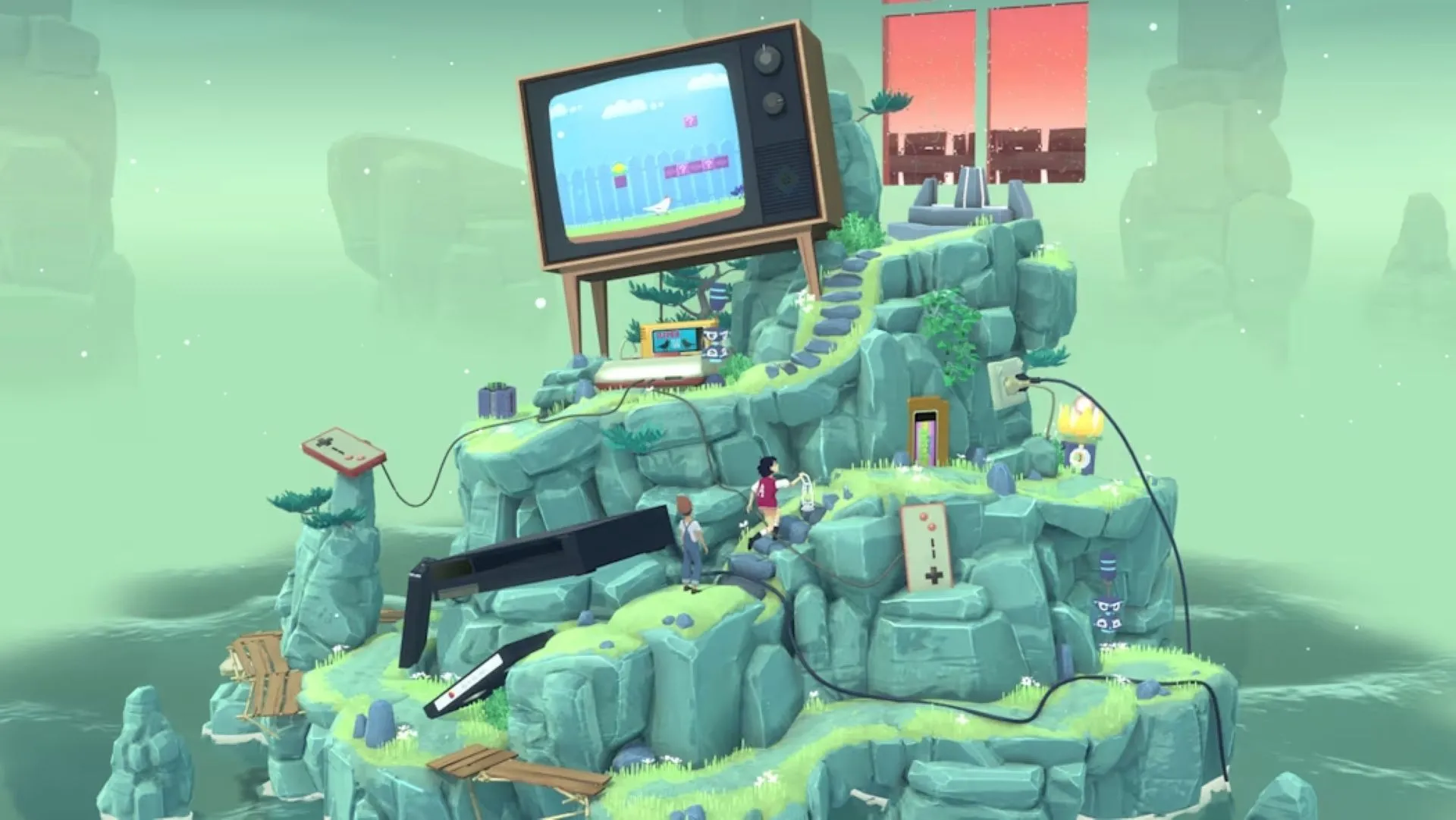 Hai người bạn trong game The Gardens Between đang giải đố trên hòn đảo với đồ vật cũ như TV và máy chơi game