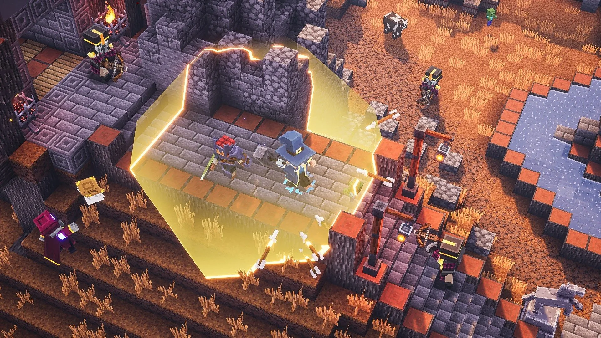 Hai người chơi đang khám phá một hầm ngục lâu đài đầy hiểm nguy trong Minecraft Dungeons.