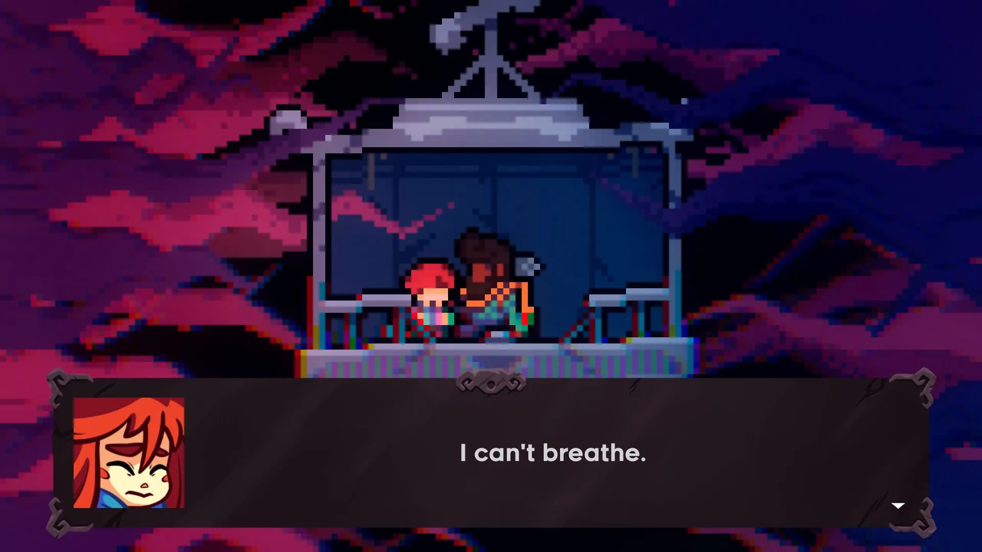 Hai nhân vật đang trò chuyện trong một chiếc cáp treo, với lời thoại hiển thị trên màn hình game Celeste.