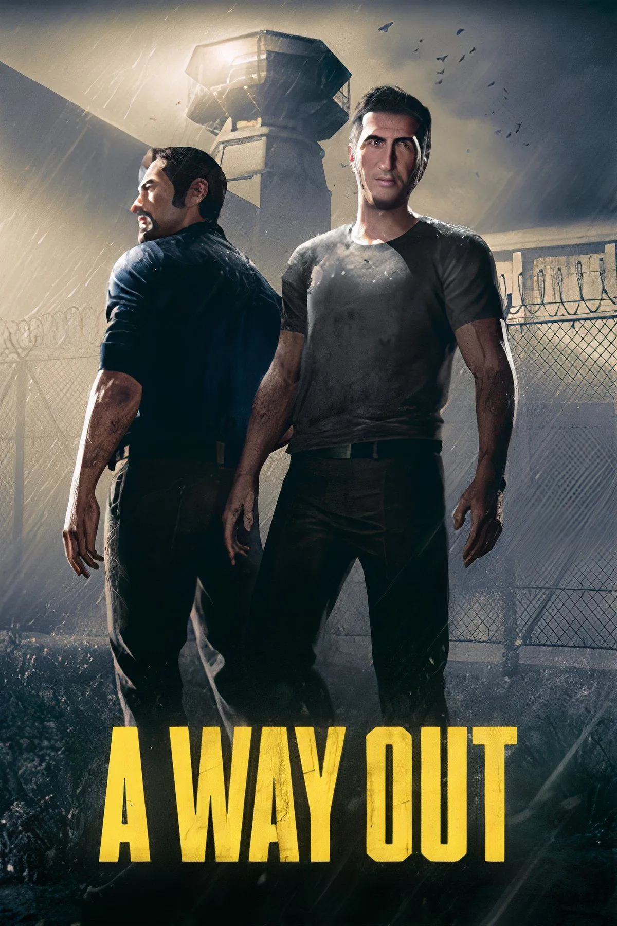 Hai nhân vật trong game A Way Out đang hợp tác để vượt ngục, minh họa lối chơi co-op chia đôi màn hình căng thẳng