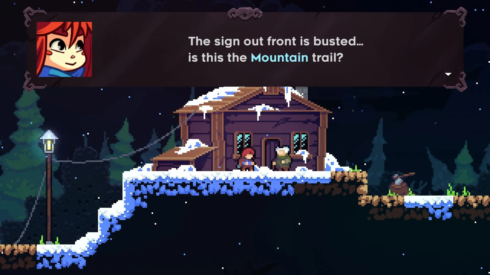 Hai nhân vật trong một cabin phủ tuyết đang trò chuyện, với lời thoại hiển thị trên màn hình game Celeste.