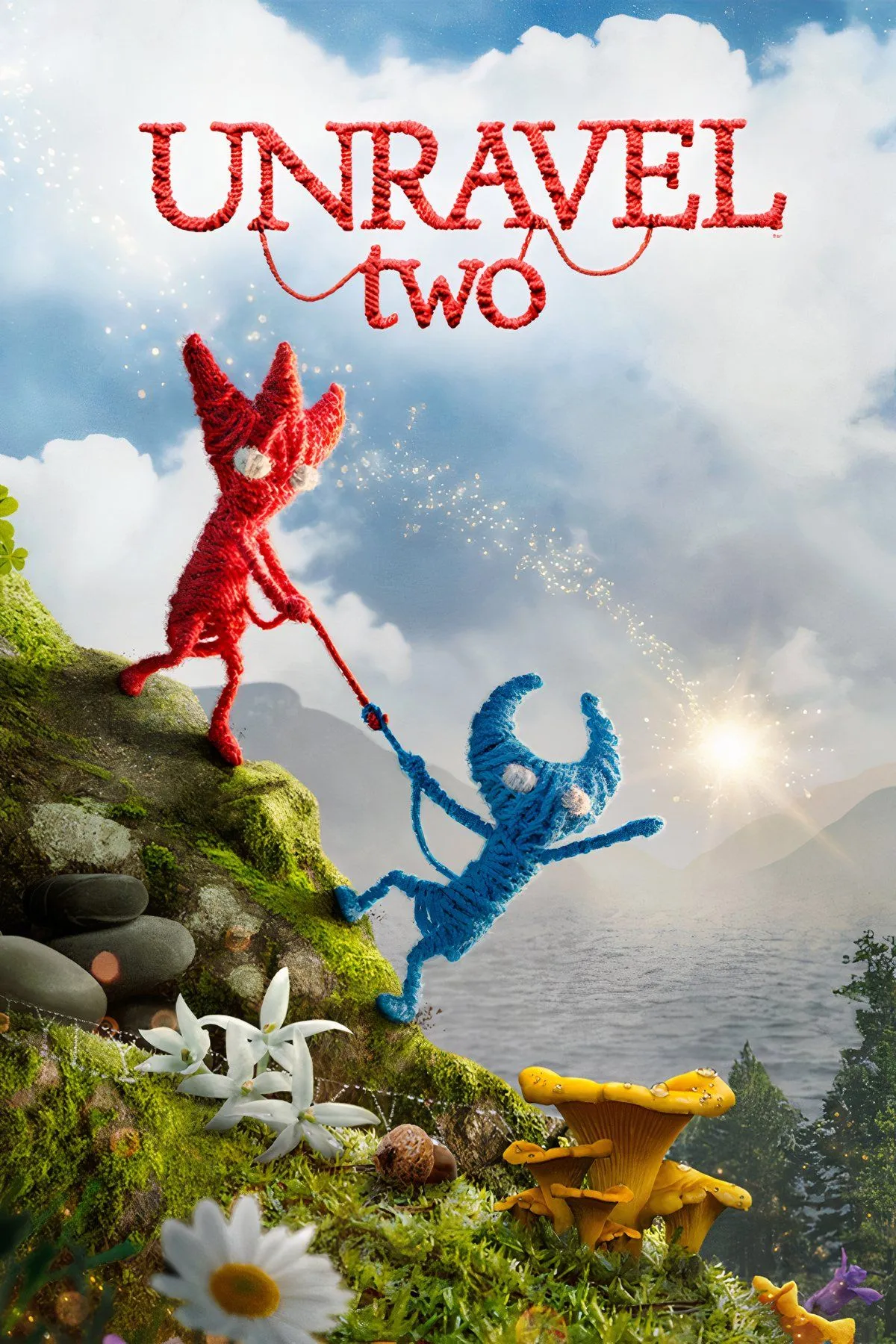 Hai nhân vật Yarny đỏ và xanh đang vượt chướng ngại vật trong game Unravel Two