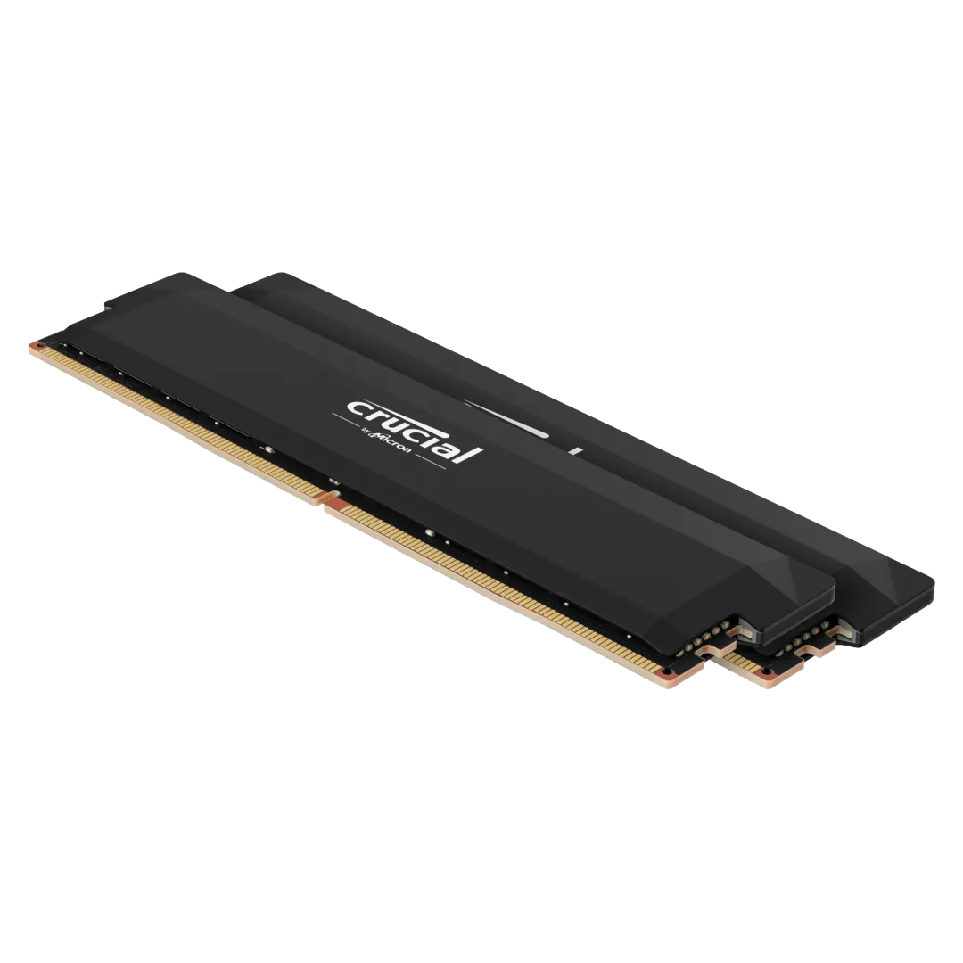 Hai thanh RAM Crucial Pro Overclocking DDR5-6000 với tản nhiệt tối giản, minh họa cho tùy chọn RAM DDR5 hiệu suất cao nhưng giá phải chăng.