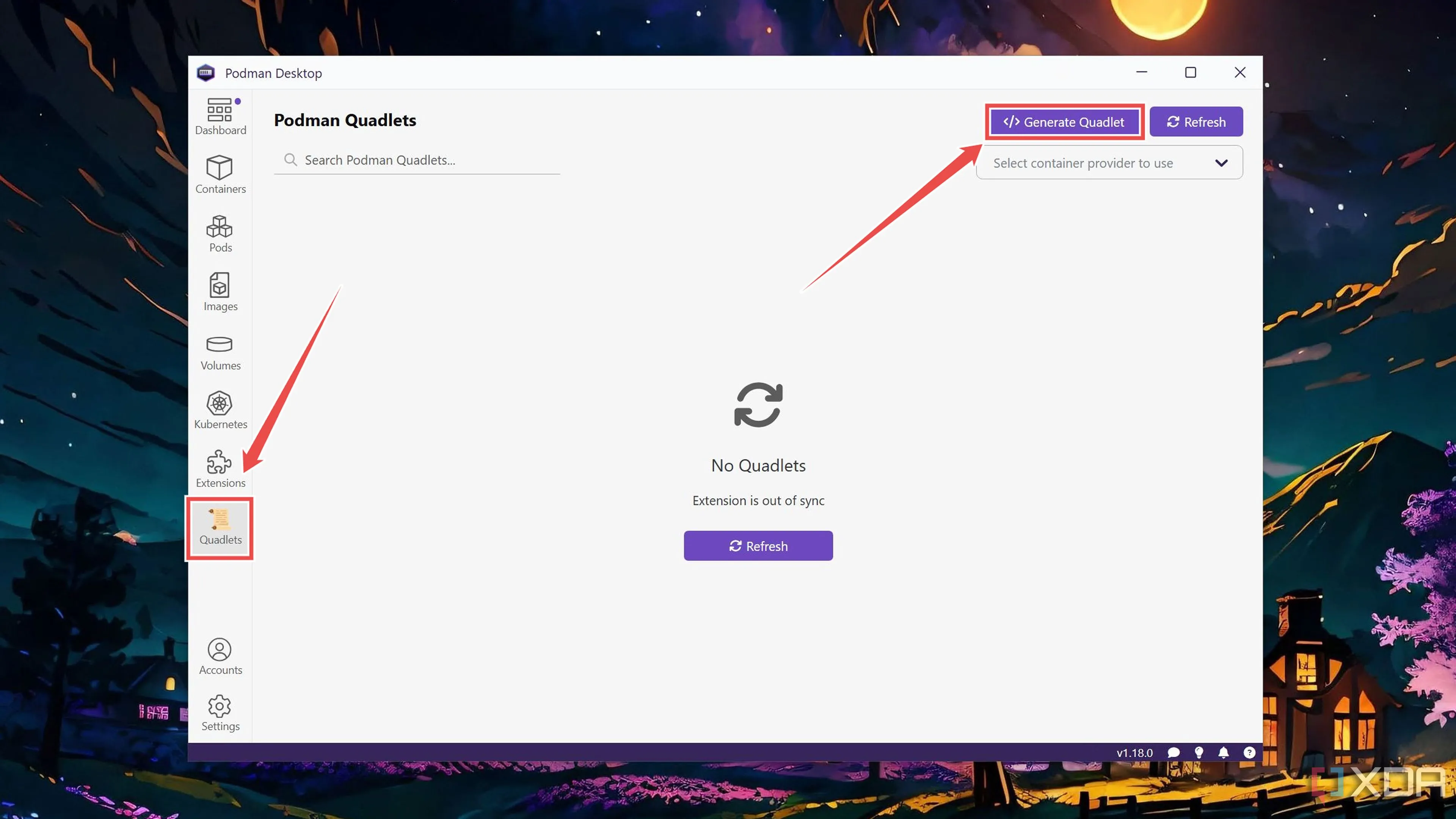 Hành động tạo Quadlet mới thông qua tùy chọn &quot;Generate Quadlet&quot; trên Podman Desktop.