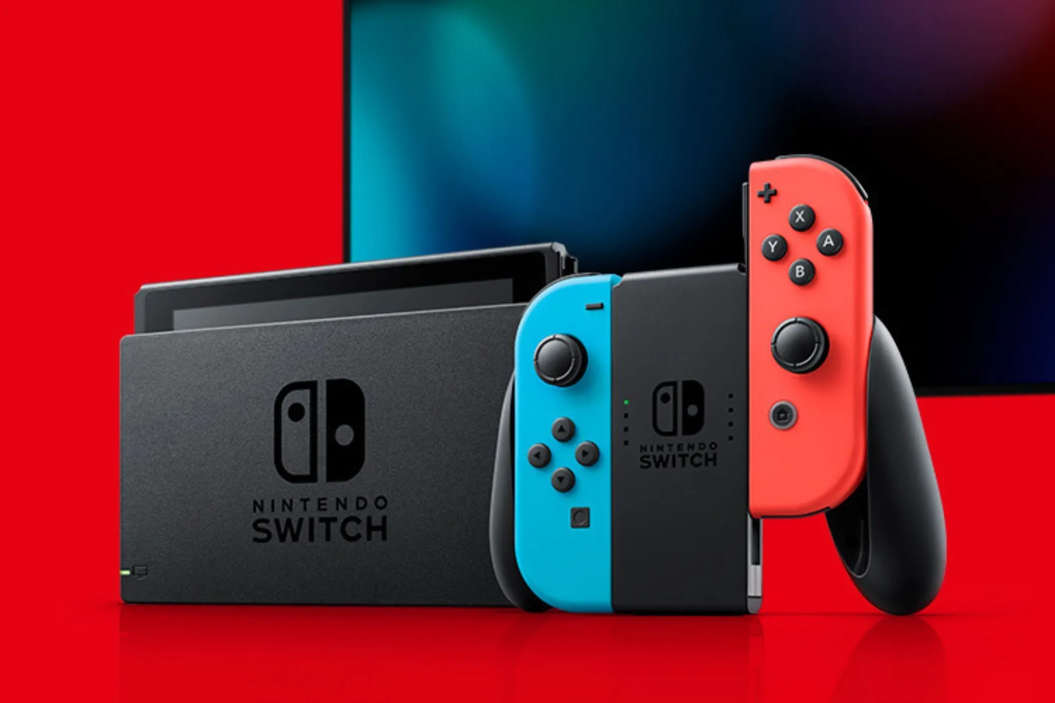 Hệ máy chơi game Nintendo Switch đặt trước TV với màn hình hiển thị game Mario Kart 8 Deluxe, minh họa trải nghiệm chơi game tại gia.