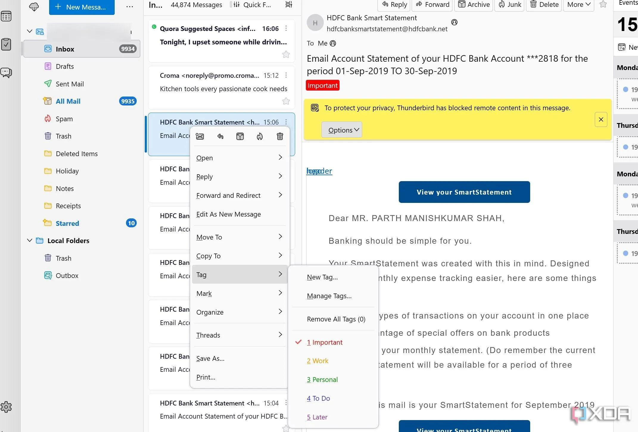 Hệ thống thẻ (tags) của Thunderbird với các nhãn màu sắc giúp người dùng dễ dàng tổ chức và tìm kiếm email.