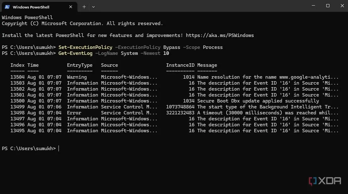 Hiển thị nhật ký sự kiện hệ thống bằng lệnh Get-EventLog trên PowerShell