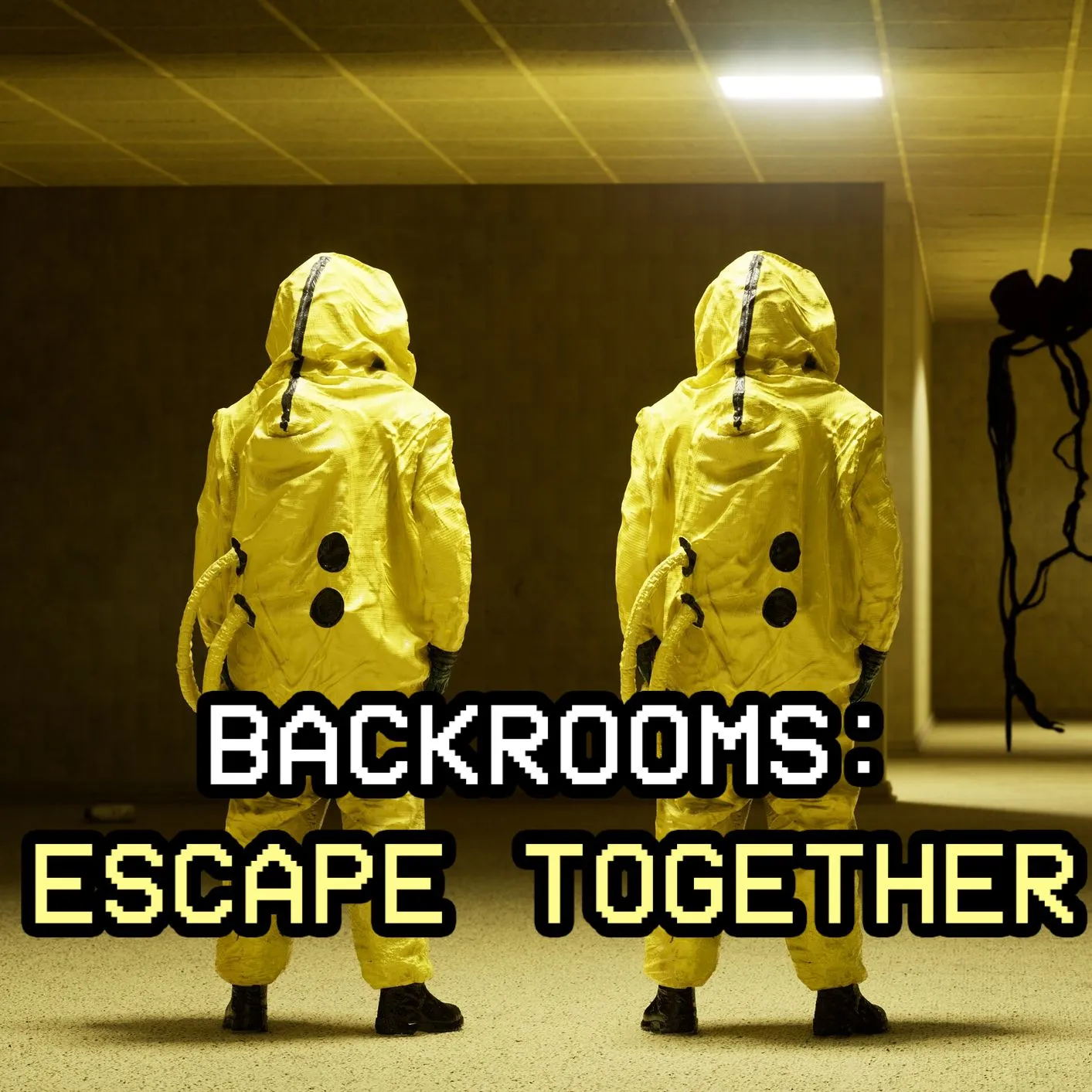Hình ảnh bìa game Backrooms: Escape Together với không gian hành lang vô tận và ánh sáng vàng đặc trưng