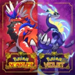 Hình ảnh bìa game Pokémon Scarlet và Violet với Koraidon, Miraidon và bối cảnh thế giới mở bị lỗi hiệu năng.