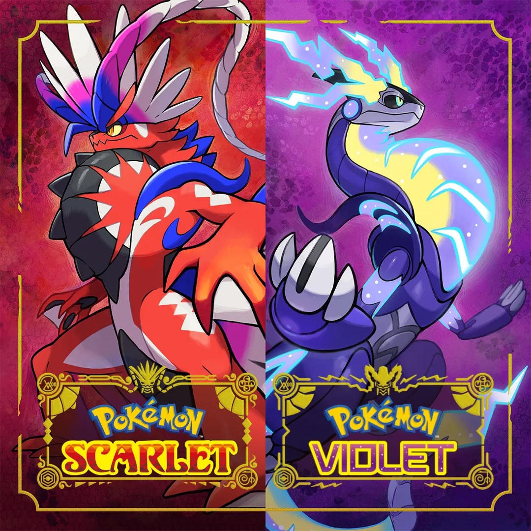 Hình ảnh bìa game Pokémon Scarlet và Violet với Koraidon, Miraidon và bối cảnh thế giới mở bị lỗi hiệu năng.