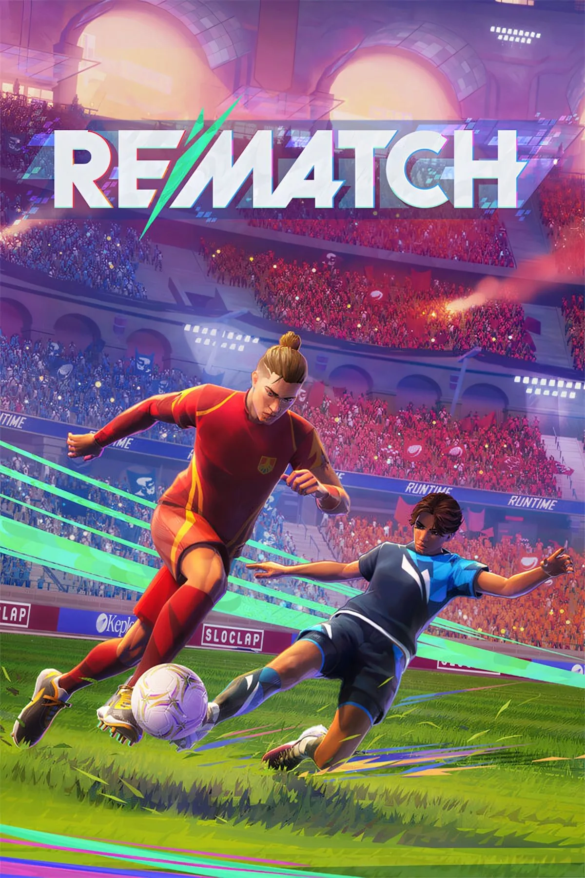 Hình ảnh bìa game Rematch với cầu thủ đang thực hiện cú sút trên sân bóng đá điện tử rực rỡ