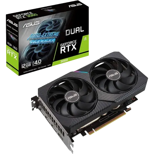 Hình ảnh card đồ họa Asus Dual RTX 4060 V2 OC bên cạnh hộp bán lẻ của nó, đại diện cho phần cứng PC Gaming hiện đại.