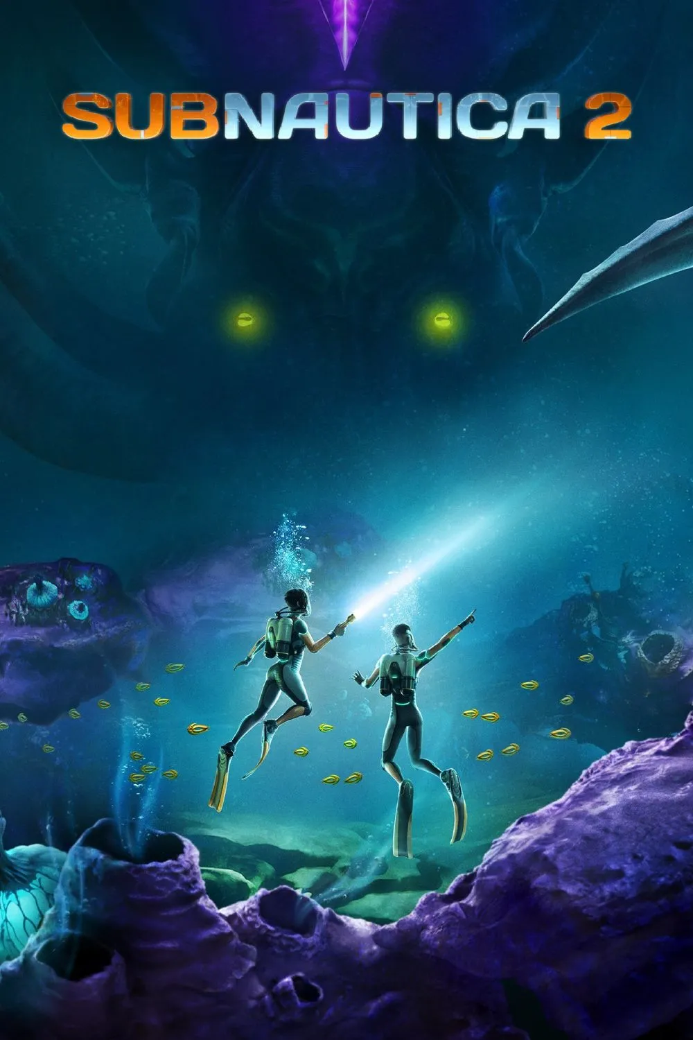 Hình ảnh chung về Subnautica 2 với một thợ lặn trong bộ đồ lặn công nghệ cao đang bơi gần một cấu trúc dưới nước đồ sộ, thể hiện quy mô khám phá mới.