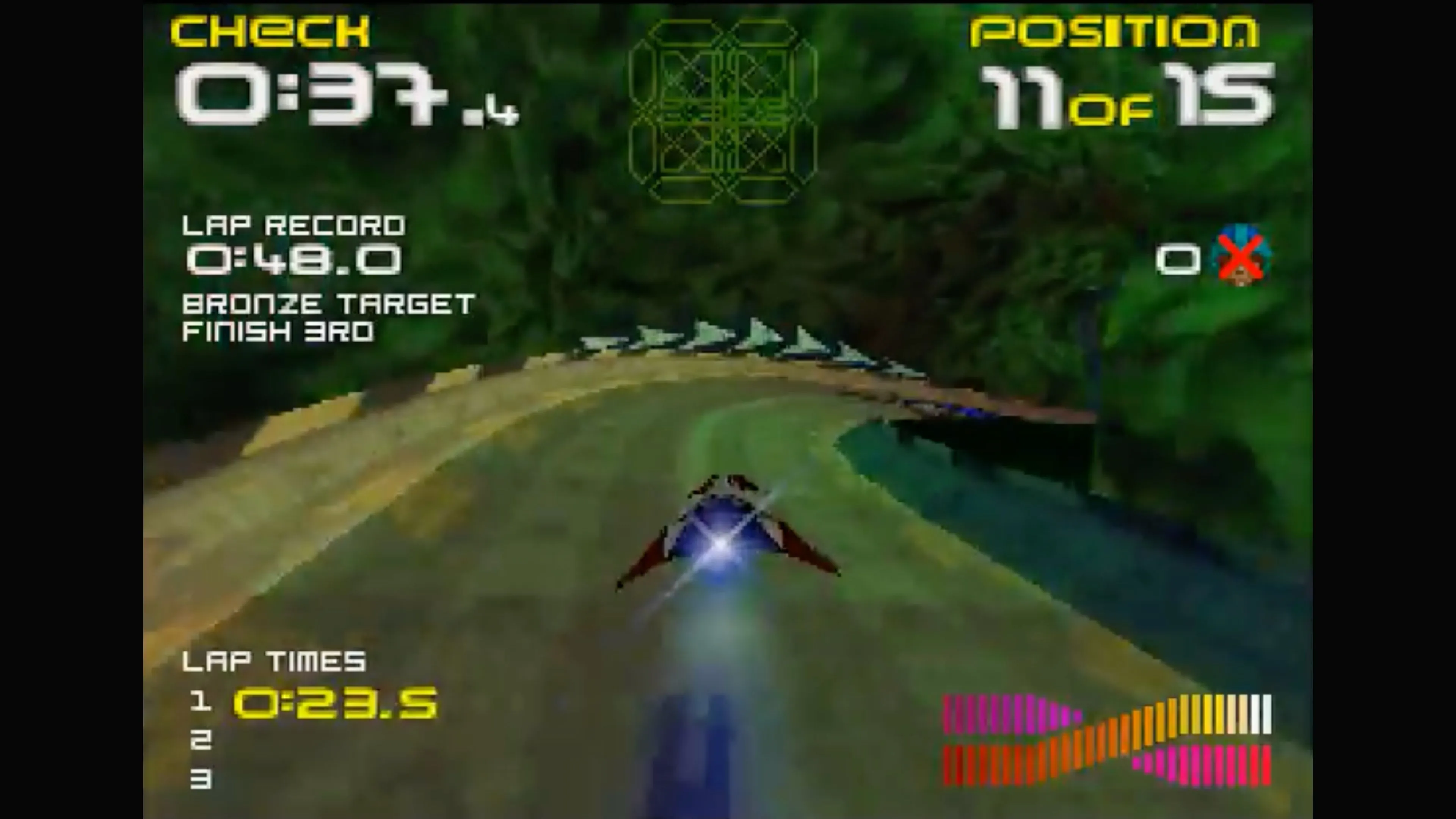 Hình ảnh gameplay của game đua xe Wipeout 64 trên Nintendo 64 với các phi thuyền tương lai