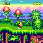 Hình ảnh gameplay Ristar trong màn chơi cỏ xanh trên Sega Genesis
