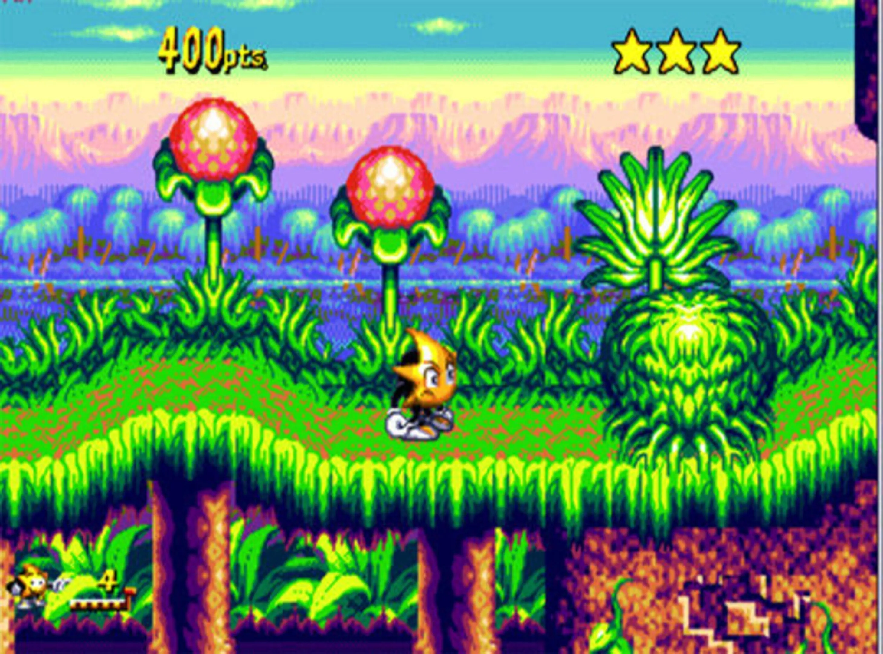 Hình ảnh gameplay Ristar trong màn chơi cỏ xanh trên Sega Genesis