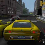 Hình ảnh gameplay trong game đua xe Project Gotham Racing trên Xbox với xe Ferrari màu đỏ đang vượt đối thủ