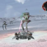Hình ảnh gameplay trong Star Wars Rogue Squadron II Rogue Leader trên GameCube, miêu tả một cuộc chiến đấu phi thuyền không gian.