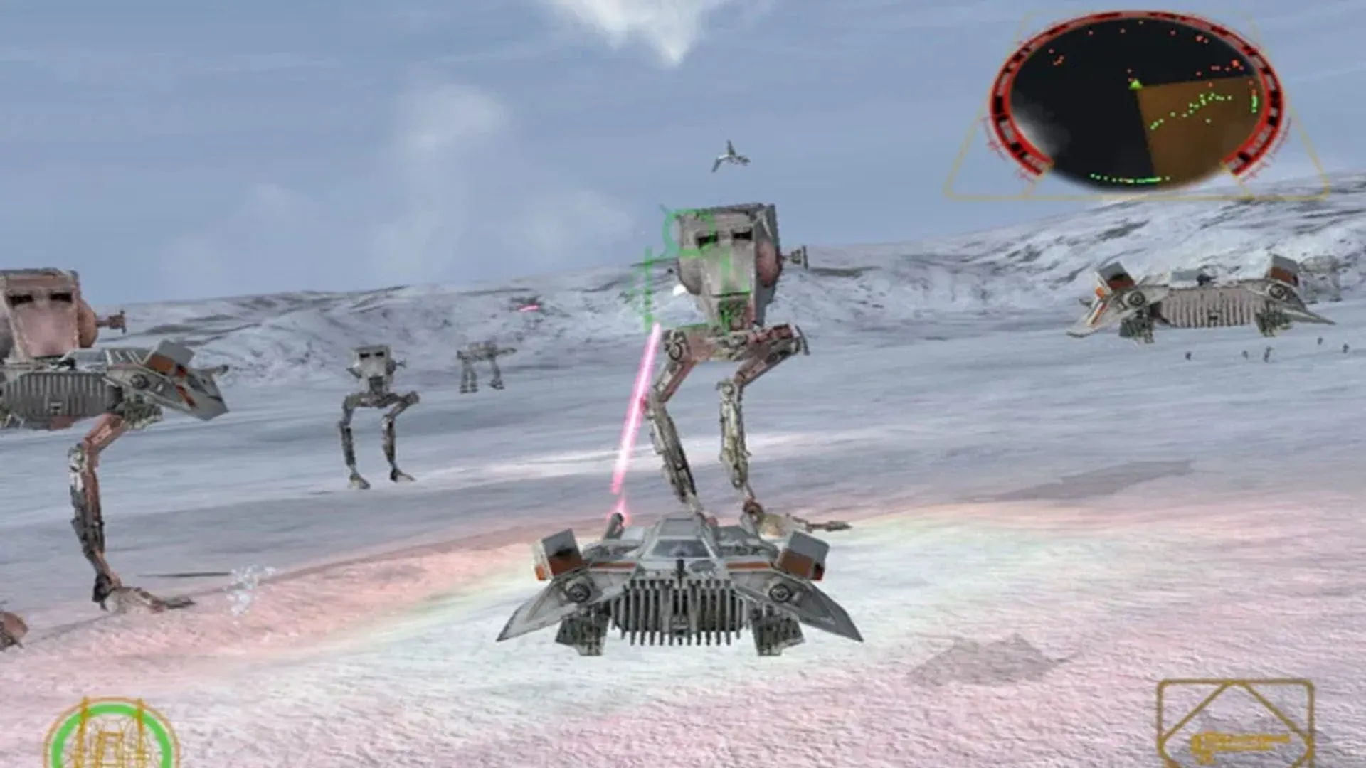Hình ảnh gameplay trong Star Wars Rogue Squadron II Rogue Leader trên GameCube, miêu tả một cuộc chiến đấu phi thuyền không gian.
