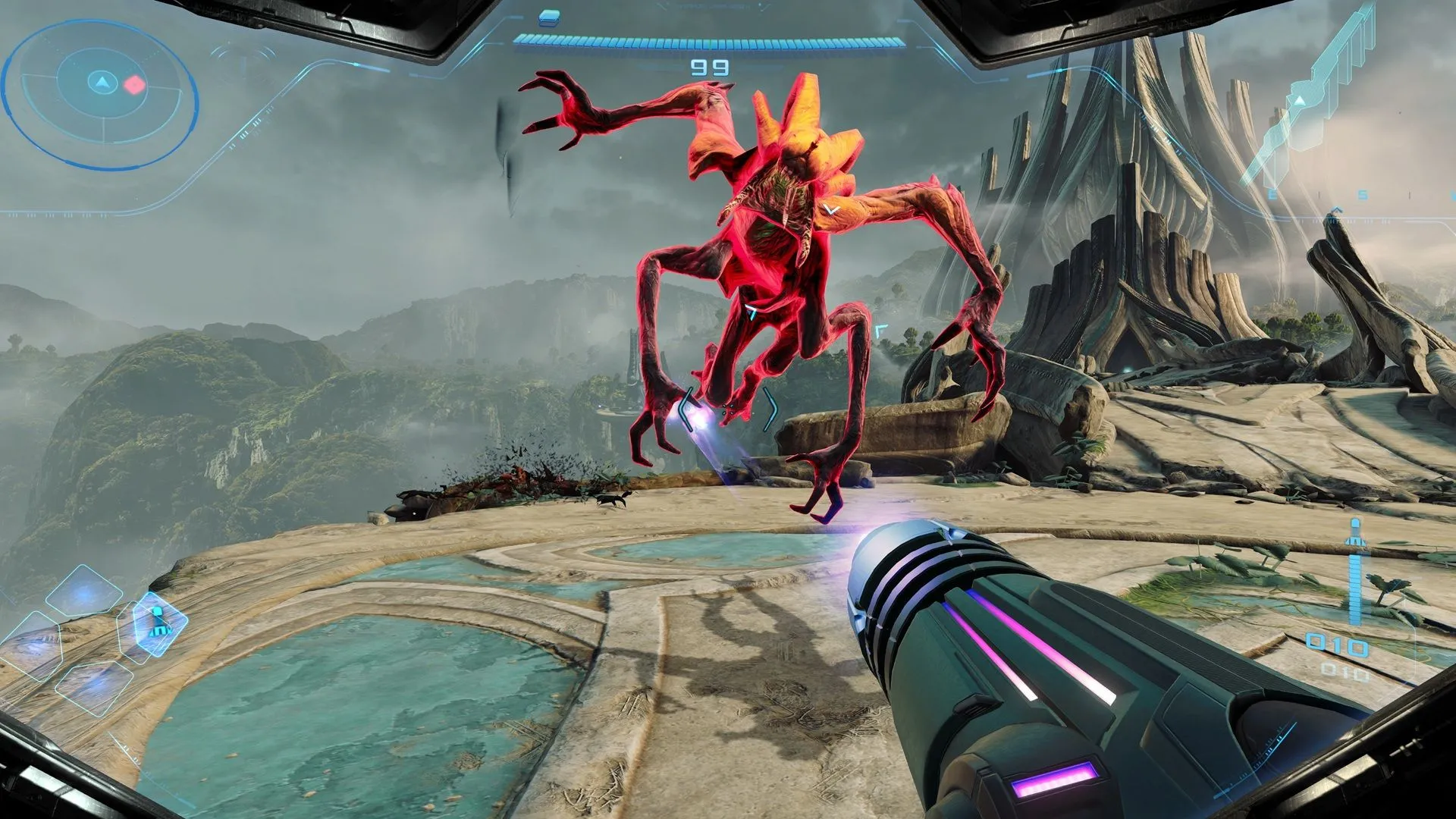 Hình ảnh gameplay tựa game Metroid Prime 4: Beyond trên Nintendo Switch 2 với Samus Aran khám phá hành tinh Viewros