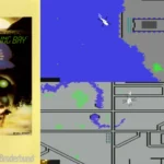 Hình ảnh gameplay và bìa đĩa game Raid on Bungeling Bay, tiền đề cho ý tưởng SimCity của Will Wright