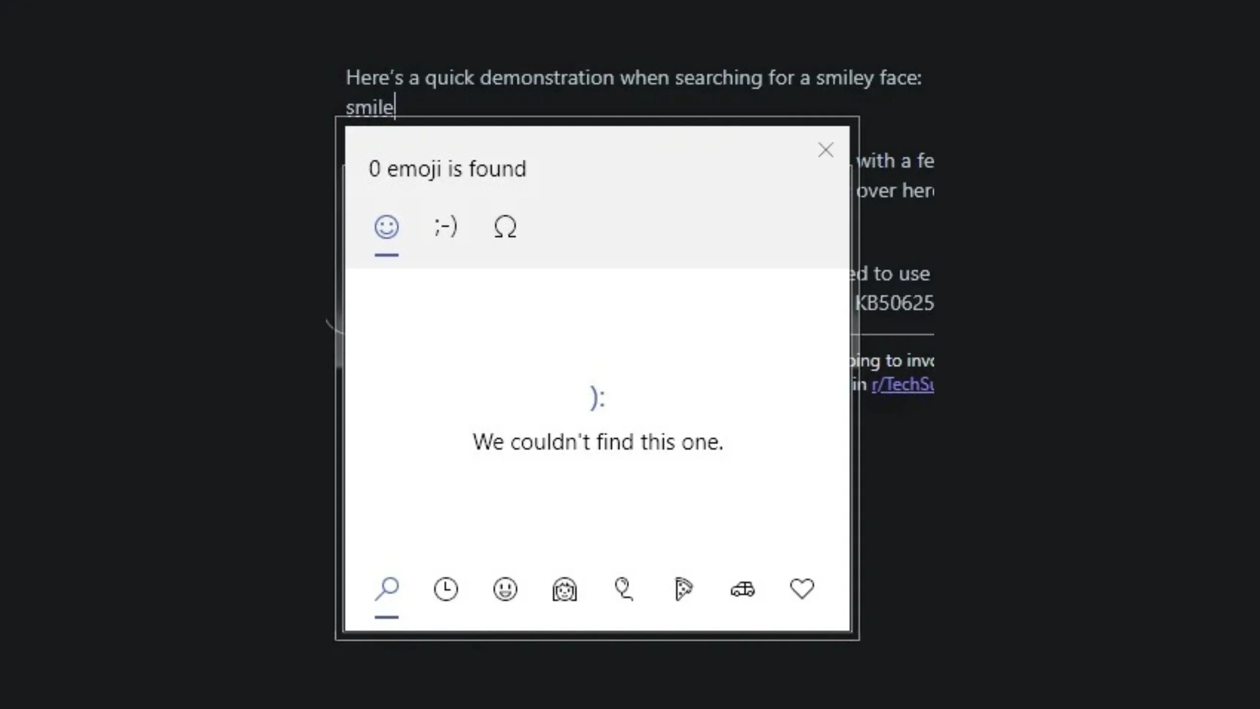 Hình ảnh giao diện tìm kiếm biểu tượng cảm xúc trên Windows 10 báo lỗi 'We couldn't find this one' khi gõ 'smile'