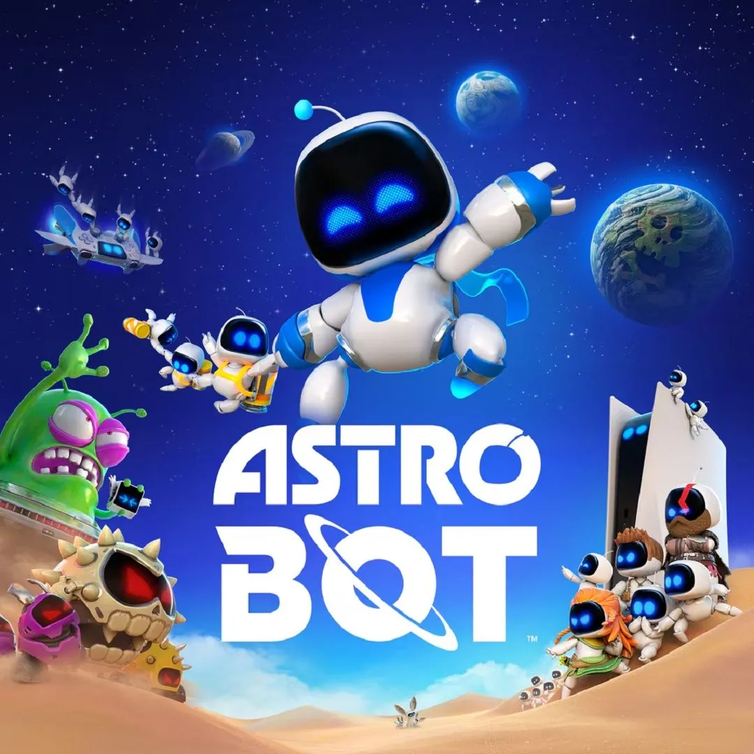 Hình ảnh giới thiệu game Astro Bot, một robot nhỏ màu trắng xanh đứng trên nền màu xanh nhạt.