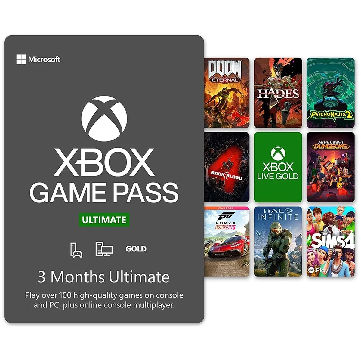 Hình ảnh hộp sản phẩm Xbox Game Pass Ultimate minh họa quyền truy cập thư viện game khổng lồ trên Xbox, PC và chơi game đám mây.