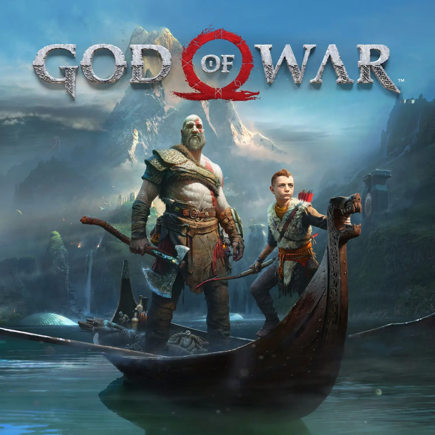 Hình ảnh Kratos và Atreus trên bìa game God of War (2018), thể hiện mối quan hệ cha con và bối cảnh Bắc Âu.
