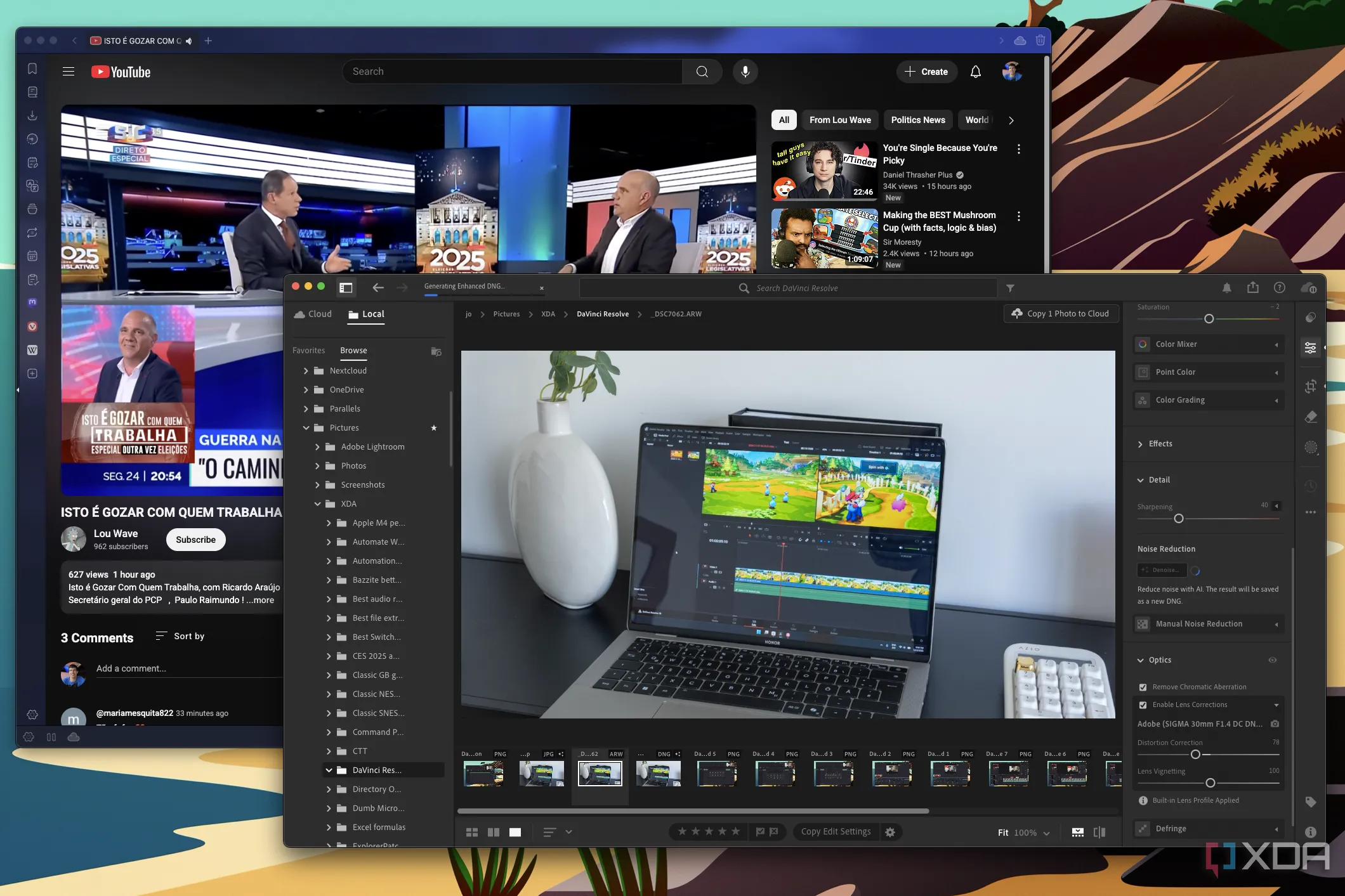 Hình ảnh macOS đang chạy Adobe Lightroom và trình duyệt Vivaldi phát video YouTube ở nền, minh họa khả năng đa nhiệm mượt mà
