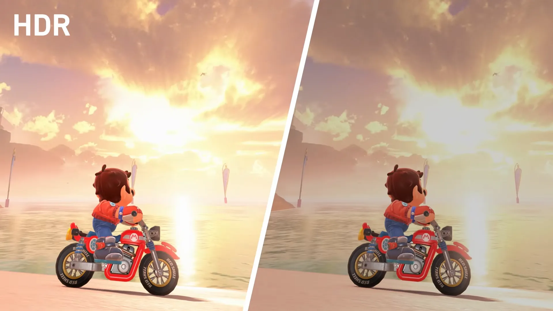 Hình ảnh minh họa Mario Kart World có và không có HDR trên Nintendo Switch 2