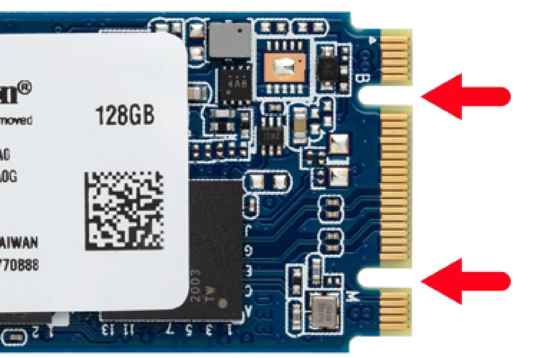 Hình ảnh minh họa ổ cứng SSD M.2 chuẩn SATA với các mũi tên chỉ rõ vị trí key B và key M trên bo mạch.