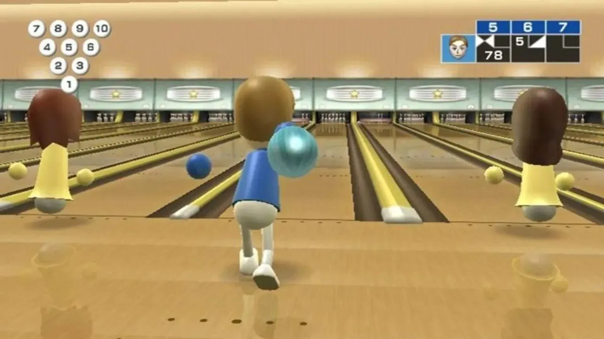 Hình ảnh mô phỏng trò chơi Bowling trong Wii Sports, thể hiện cơ chế điều khiển chuyển động độc đáo của Nintendo Wii