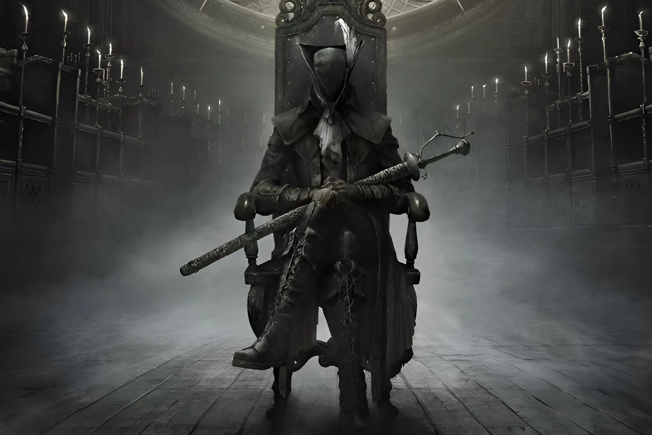 Hình ảnh một Thợ Săn với vũ khí Whirligig Saw, biểu tượng của Bloodborne: The Old Hunters DLC