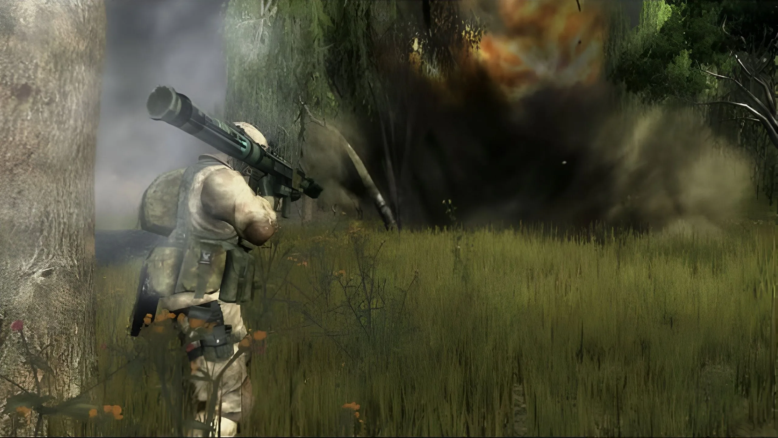 Hình ảnh người lính sử dụng súng chống tăng (bazooka) trong Battlefield 2: Modern Combat, tựa game Battlefield đầu tiên có chiến dịch đơn.