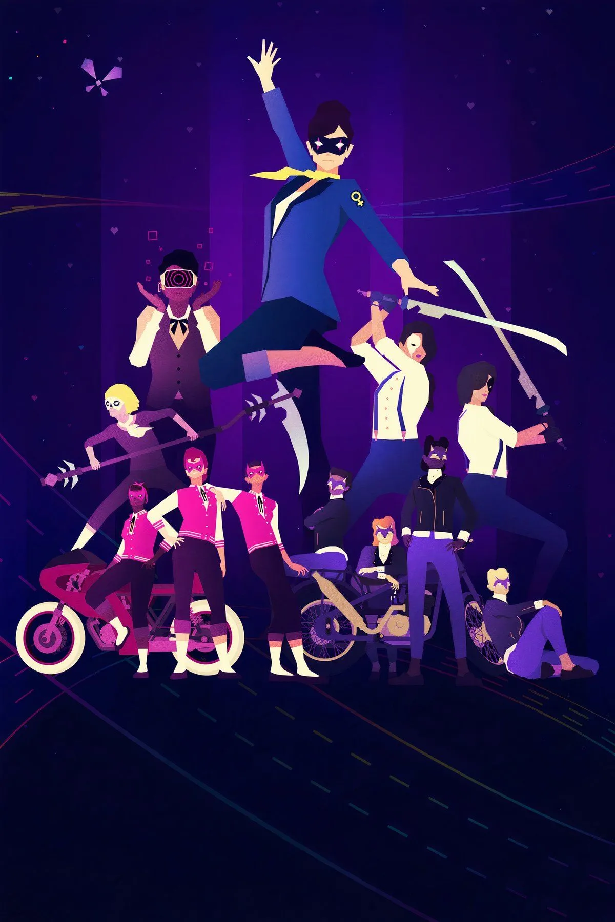 Hình ảnh nhân vật chính lướt qua thành phố neon rực rỡ trong game nhịp điệu Sayonara Wild Hearts, với phong cách đồ họa siêu thực và màu sắc bắt mắt.